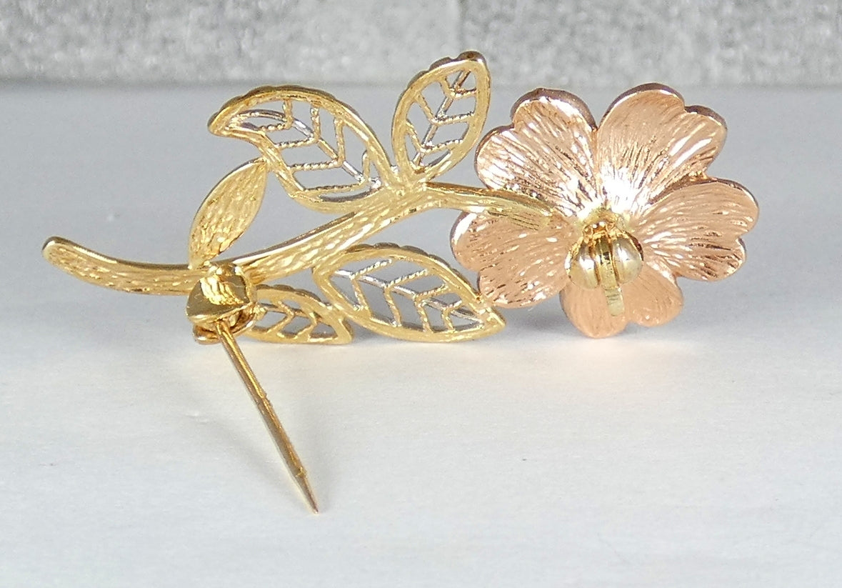 Vintage Solid 9ct Yellow Rose & White Gold Flower Leaf Bar Brooch Pin Tri-Colour