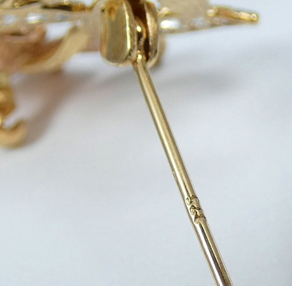 Vintage Solid 9ct Yellow Rose & White Gold Flower Leaf Bar Brooch Pin Tri-Colour