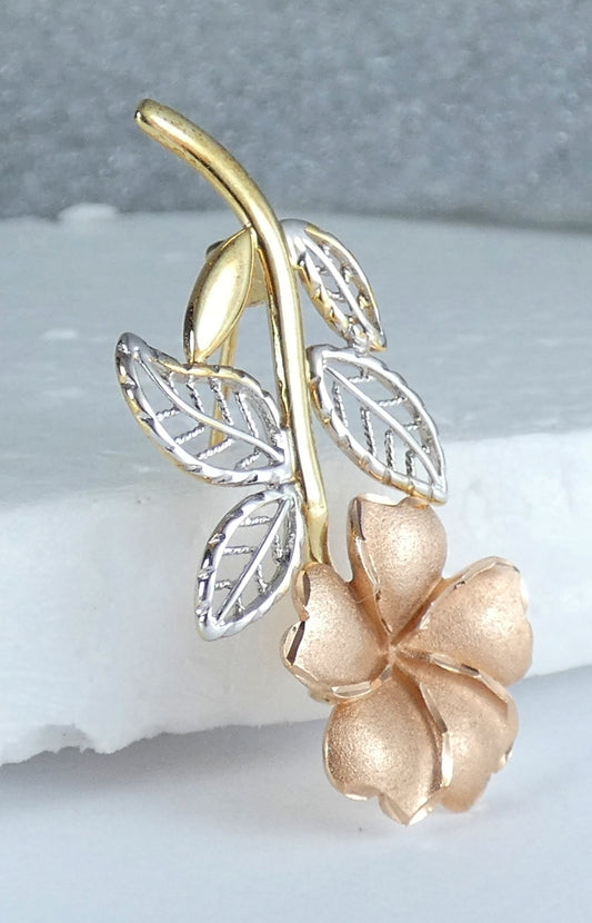 Vintage Solid 9ct Yellow Rose & White Gold Flower Leaf Bar Brooch Pin Tri-Colour