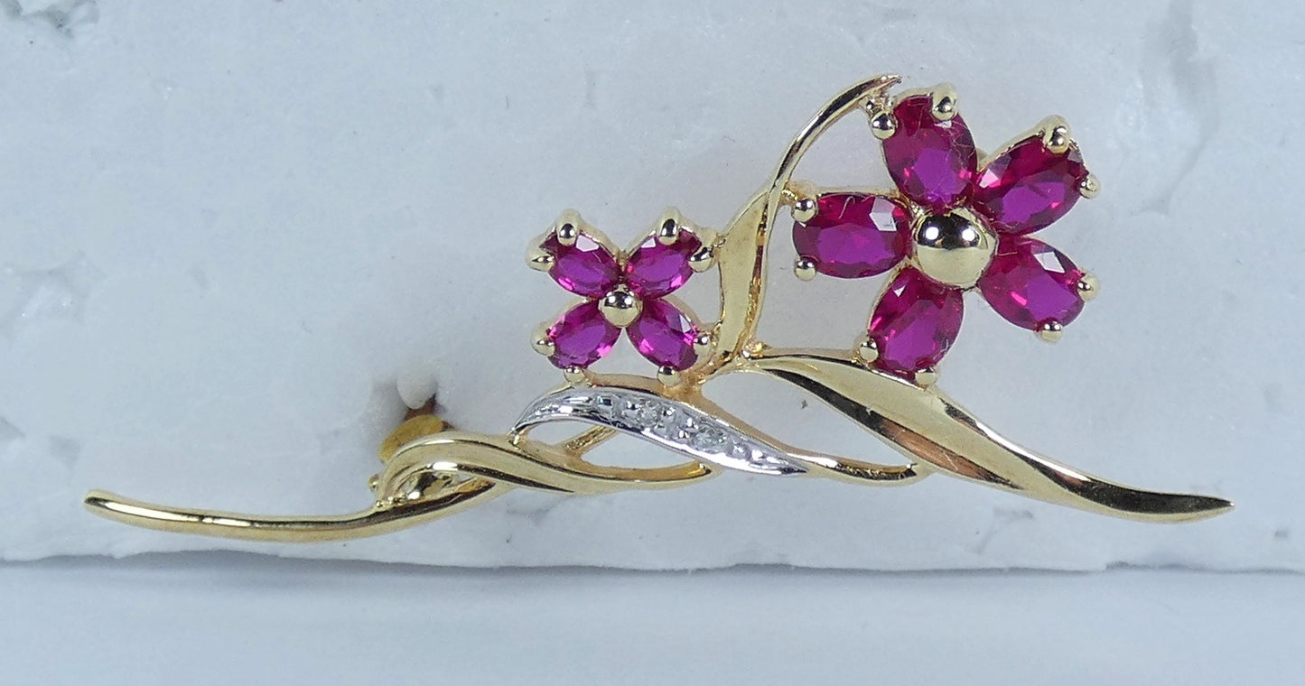Solid 9ct Yellow Gold 0.8ct Ruby & Diamond Twin Flower Leaf Bar Brooch Pin White