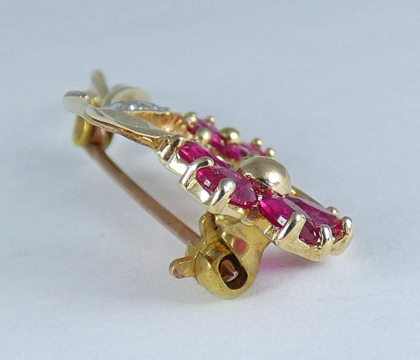 Solid 9ct Yellow Gold 0.8ct Ruby & Diamond Twin Flower Leaf Bar Brooch Pin White