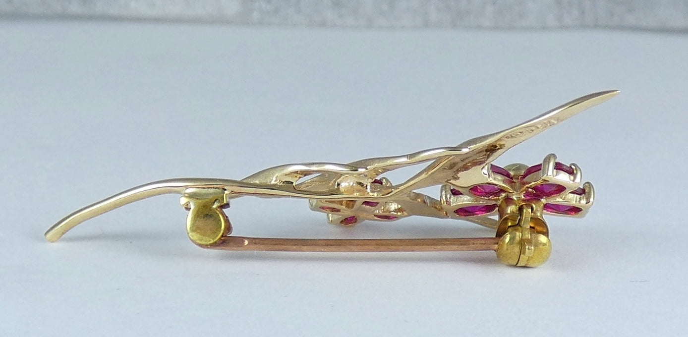 Solid 9ct Yellow Gold 0.8ct Ruby & Diamond Twin Flower Leaf Bar Brooch Pin White