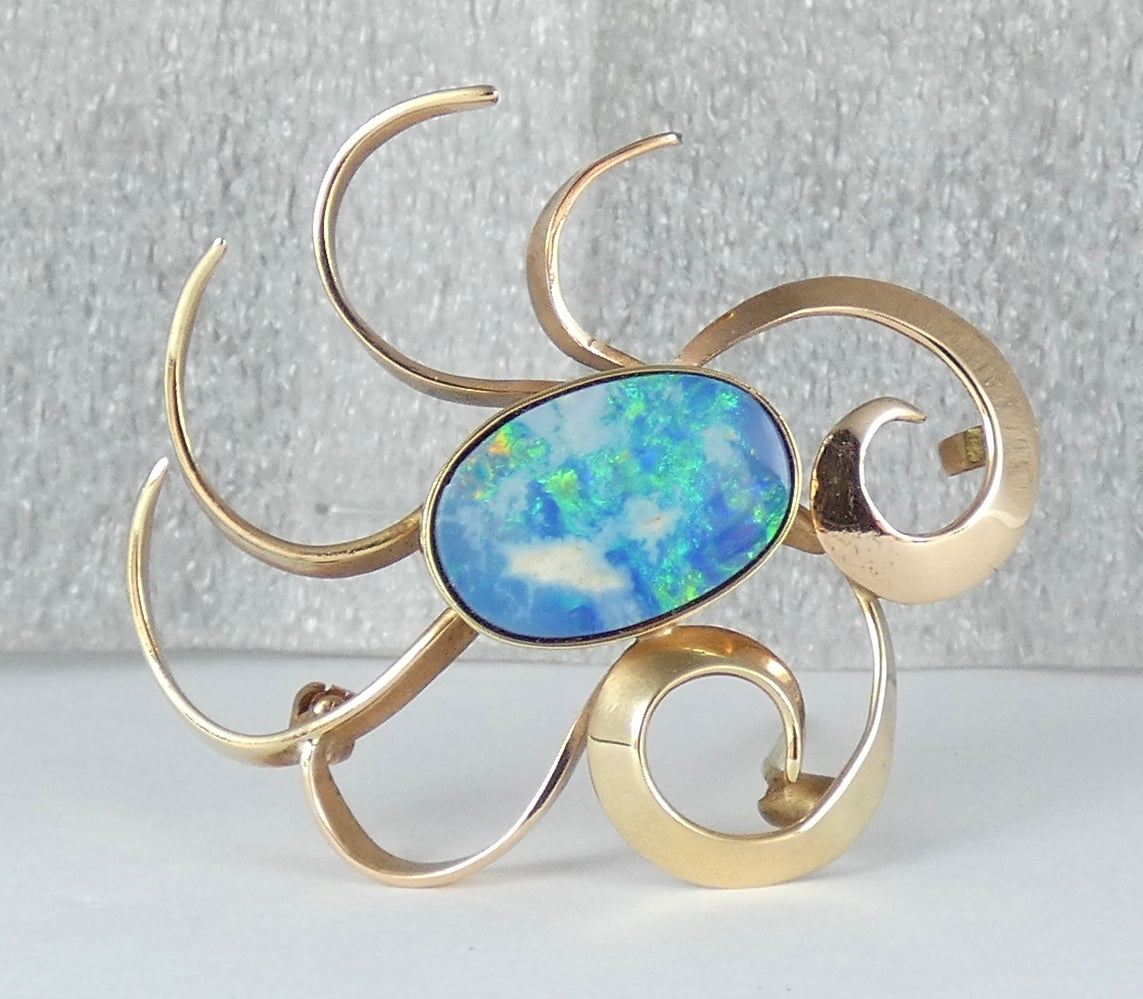 Vintage Retro Solid 9ct Yellow Gold & Opal Starburst Flower Bar Brooch Pin 375