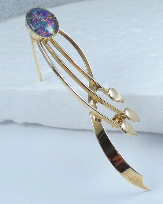 Vintage Retro Solid 9ct Yellow Gold & Opal Spray Bar Brooch Pin 375 Mid Century