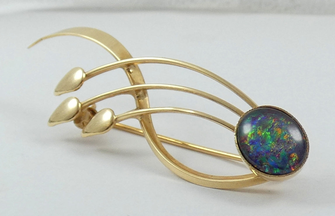Vintage Retro Solid 9ct Yellow Gold & Opal Spray Bar Brooch Pin 375 Mid Century