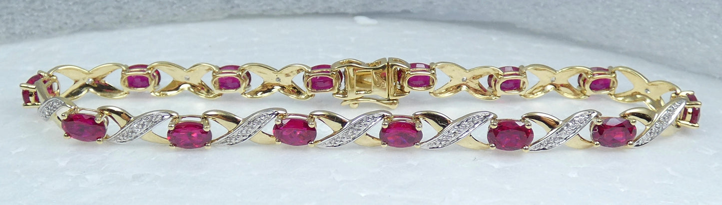 Solid 9ct Yellow Gold Ruby & Diamond 19.5cm Panel Link 7.5" Chain Bracelet Oval