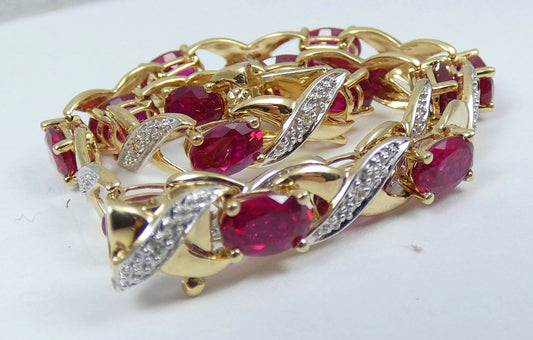 Solid 9ct Yellow Gold Ruby & Diamond 19.5cm Panel Link 7.5" Chain Bracelet Oval