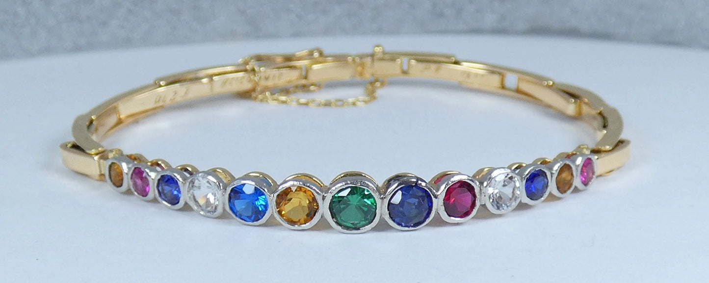 Antique Vintage 15ct Yellow Gold Rainbow Harlequin Gemstone Bracelet Bangle Link