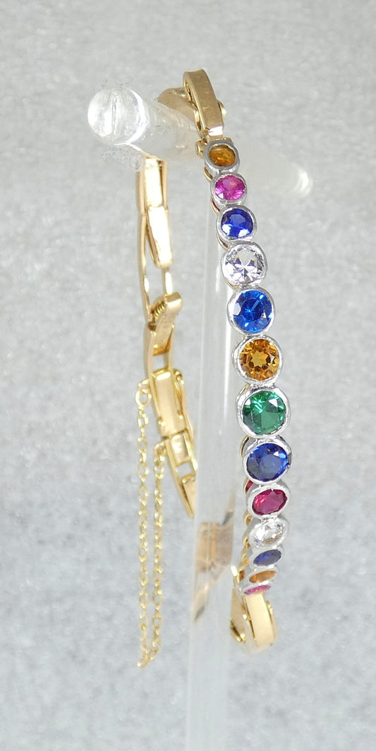 Antique Vintage 15ct Yellow Gold Rainbow Harlequin Gemstone Bracelet Bangle Link