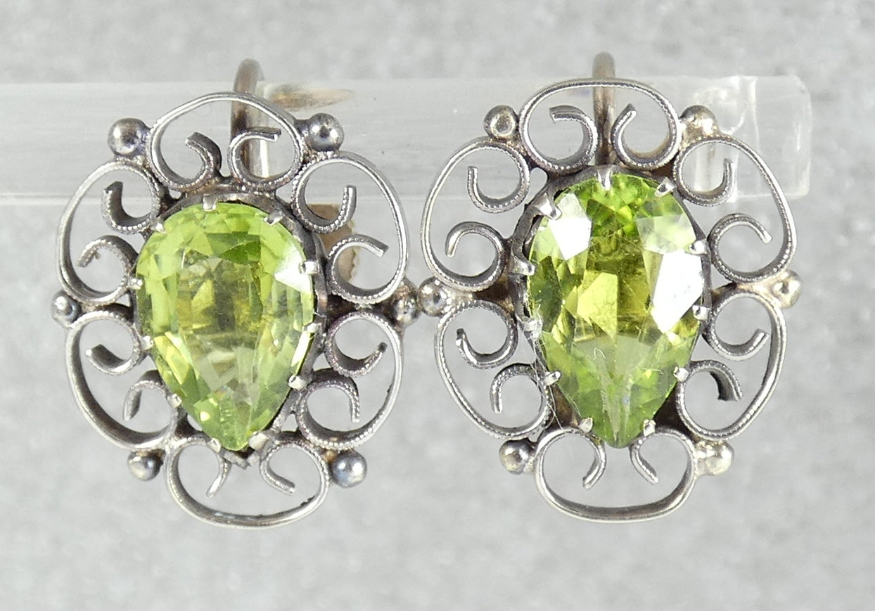 Antique Vintage Solid 9ct White Gold & Peridot French Screw Back Earrings Set