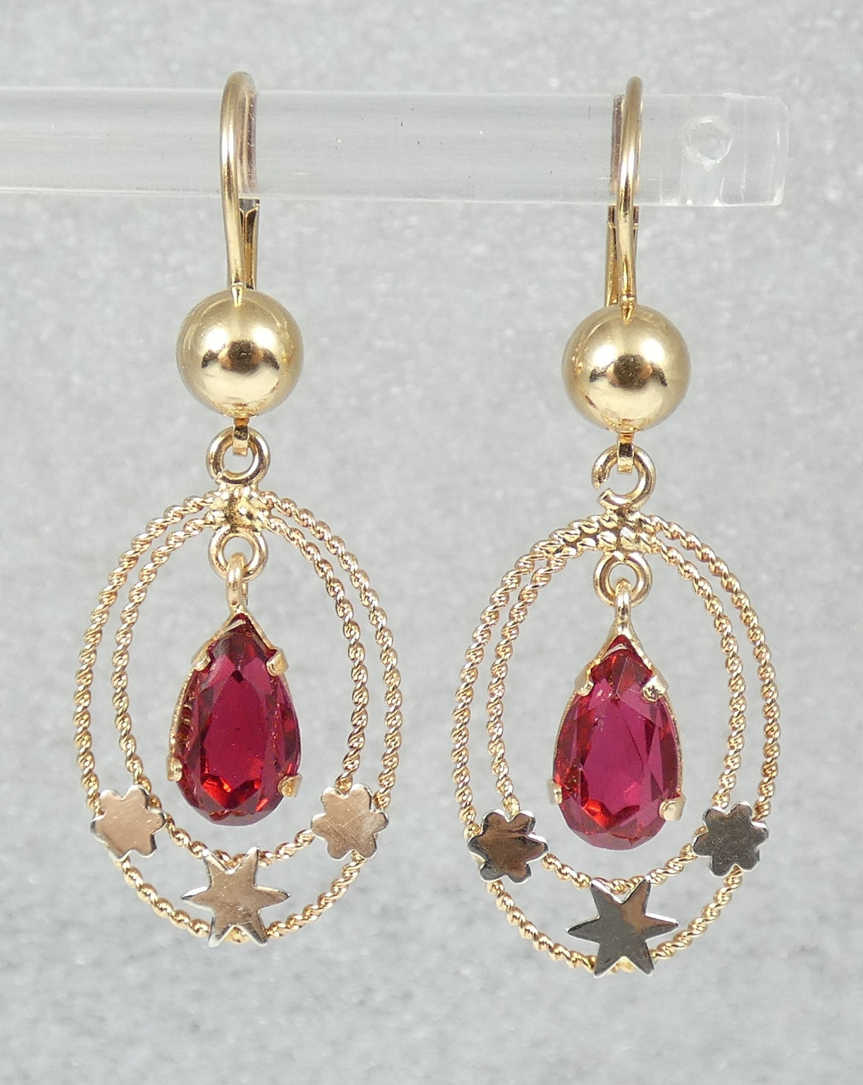 Vintage Italian Solid 18ct Yellow Gold & Red Stone Ruby Dangle Rope Earrings Set
