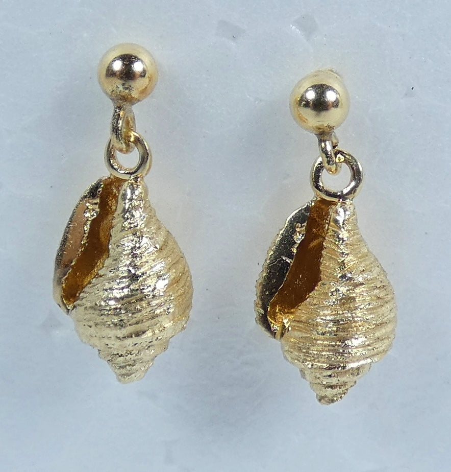 Vintage Solid 14ct Yellow Gold Cast Seashell Conch Shell Stud Earrings Set Pair