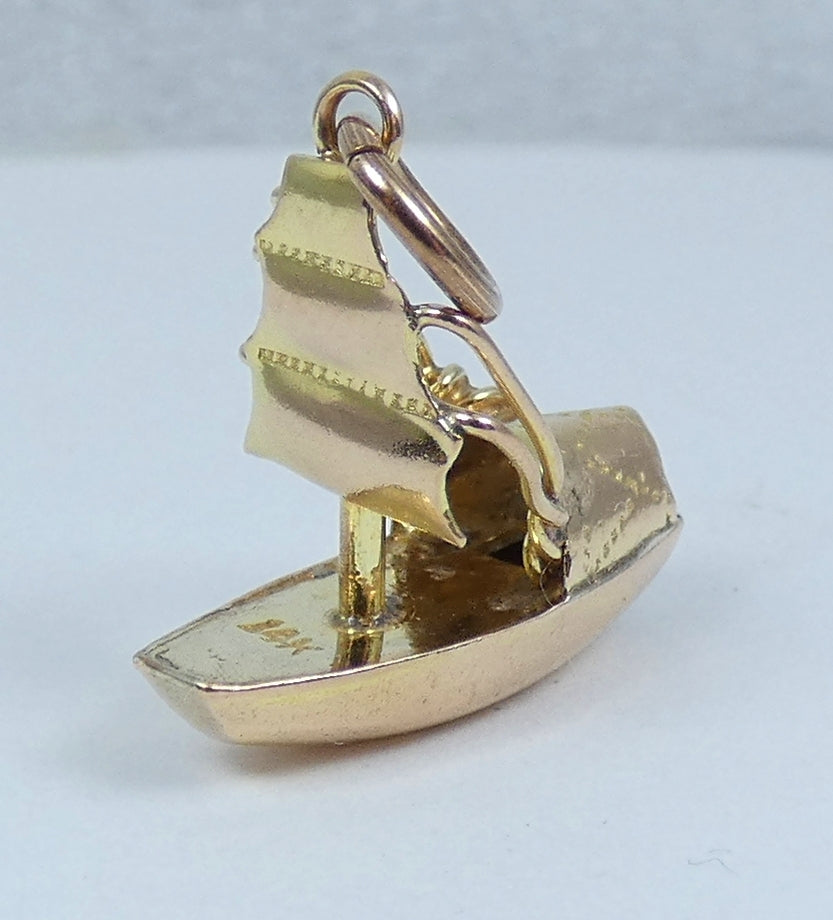 Vintage Solid 10ct Yellow Gold Sail Boat Ship Bracelet Charm Necklace Pendant