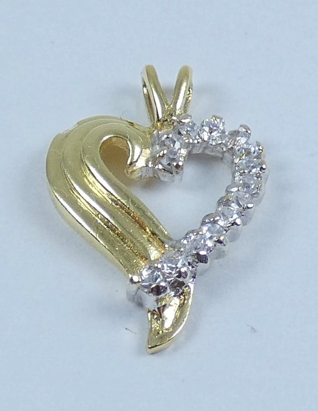 Vintage Italian Solid 18ct Yellow Gold & White Stone Love Heart Necklace Pendant