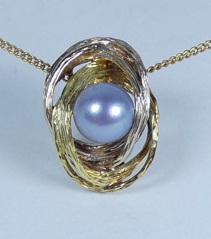 Solid 14ct Yellow White Gold 7mm Grey Purple Pearl Textured Necklace Pendant 585
