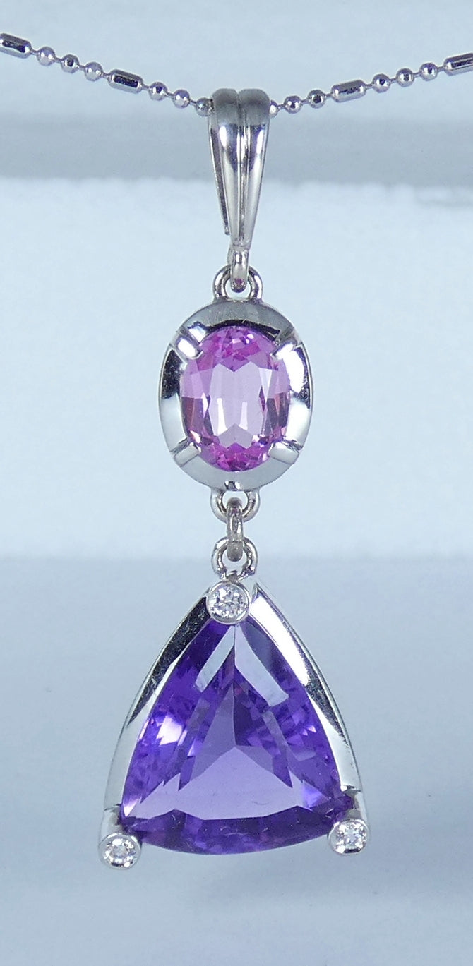 Large Solid 18ct White Gold Amethyst Pink Sapphire & Diamond Necklace Pendant
