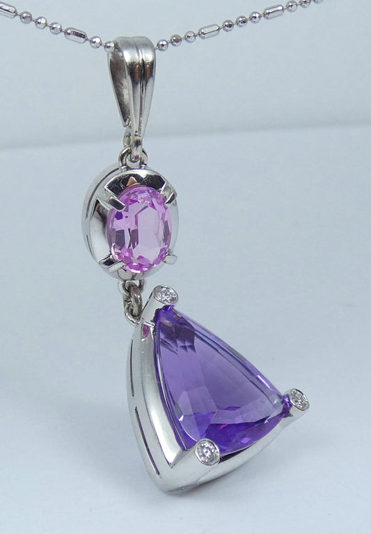 Large Solid 18ct White Gold Amethyst Pink Sapphire & Diamond Necklace Pendant