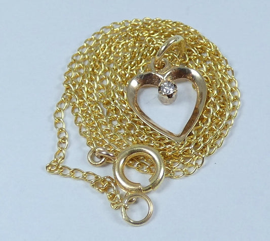 Solid 9ct Yellow Gold Diamond Heart Pendant Necklace 46cm 18" Curb Link Chain