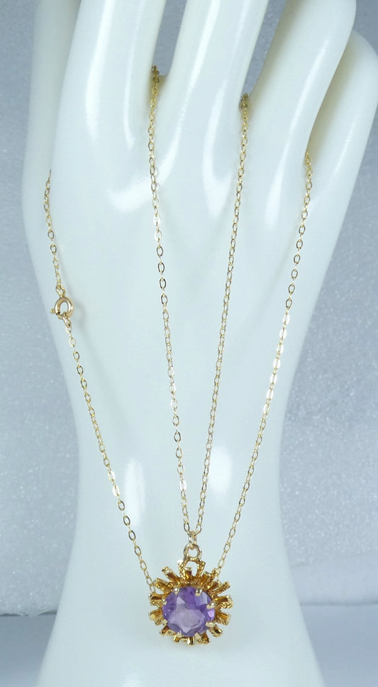 English 9ct Yellow Gold Amethyst Flower Pendant Necklace 48cm 19" Cable Chain
