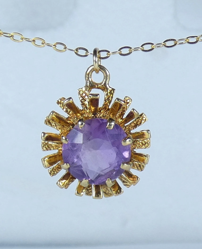 English 9ct Yellow Gold Amethyst Flower Pendant Necklace 48cm 19" Cable Chain