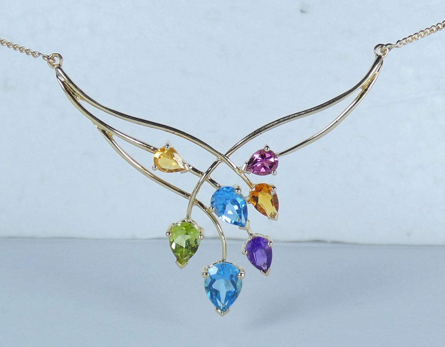 Solid 9ct Yellow Gold Rainbow Gemstone Pendant Necklace 46cm 18" Curb Link Chain