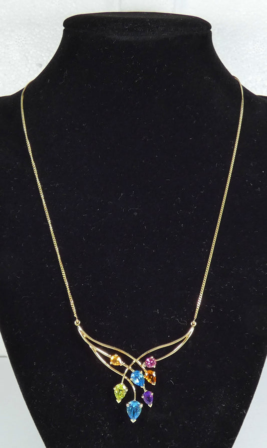 Solid 9ct Yellow Gold Rainbow Gemstone Pendant Necklace 46cm 18" Curb Link Chain