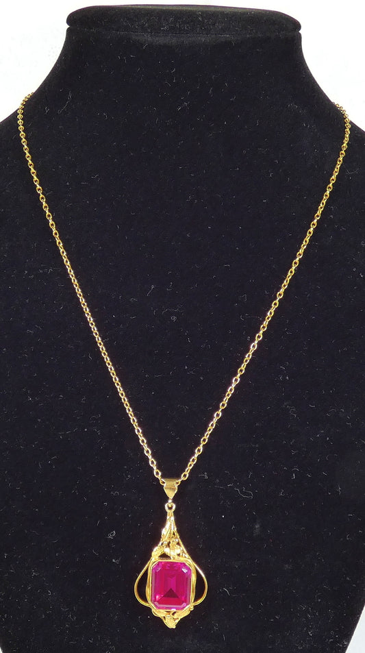 Antique Edwardian Solid 9ct Yellow Gold Ruby Pendant 41cm 16" Cable Necklace Red