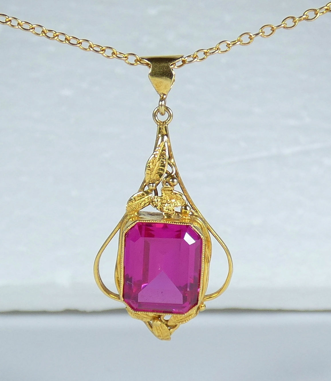 Antique Edwardian Solid 9ct Yellow Gold Ruby Pendant 41cm 16" Cable Necklace Red
