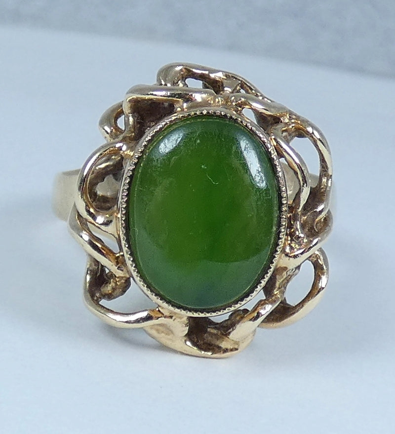 Vintage Solid 9ct Yellow Gold Green Jadeite Jade Cocktail Dress Ring Size 8 P 56