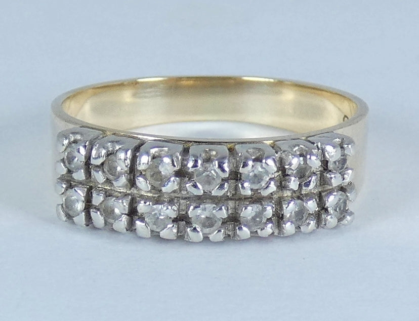 Vintage Solid 9ct Yellow Gold White Spinel Two Row Wedding Band Ring Size 7 N 54