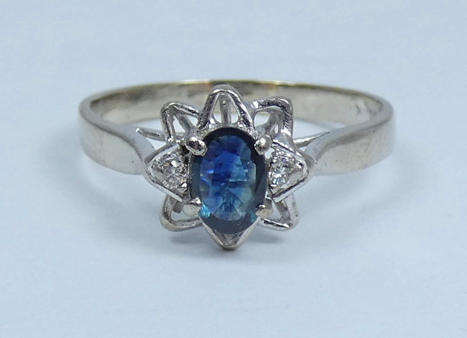 Solid 14ct White Gold Tri-Colour Parti Sapphire & Diamond Dress Ring Size 9 R 59