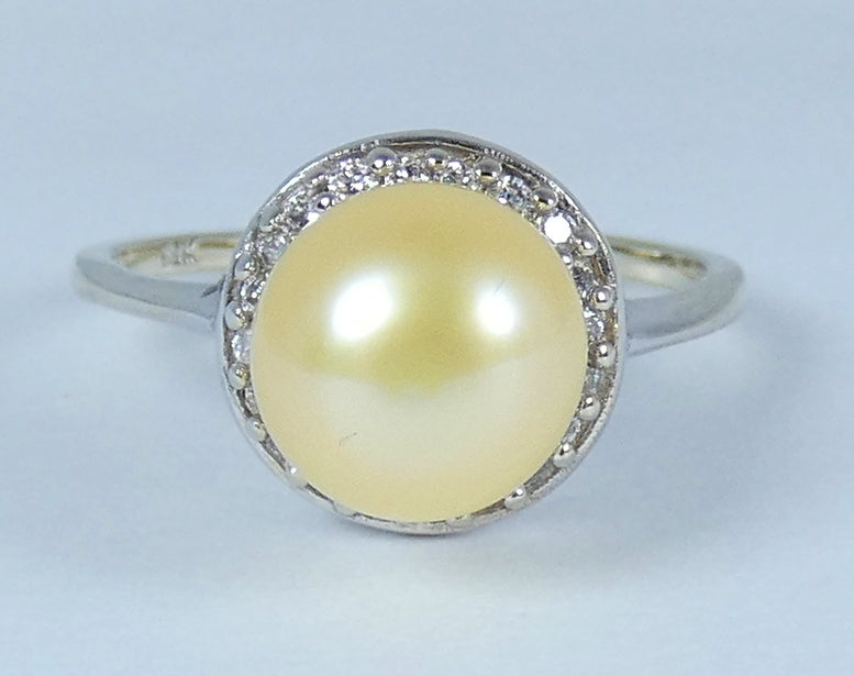 Solid 18ct Yellow Gold 8.5mm Golden Pearl & Diamond Cocktail Dress Ring 8 P 56
