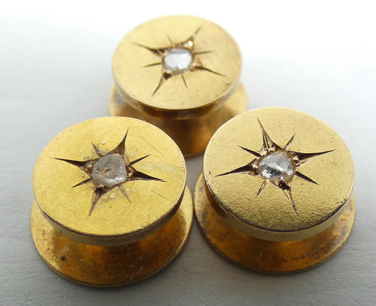 Antique Edwardian 1900 Set 3 Solid 15ct Yellow Gold & Diamond Dress Studs Button