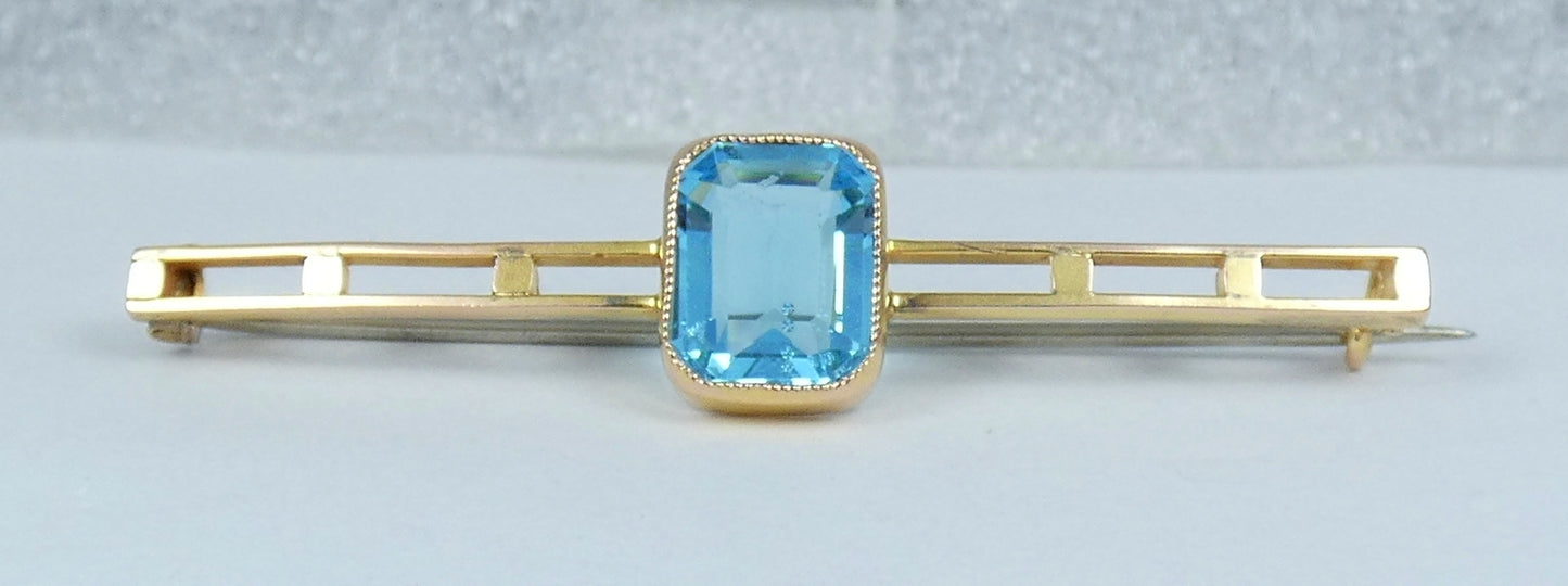 Antique Art Deco Solid 9ct Yellow Gold Aquamarine Blue Paste Twin Bar Brooch Pin