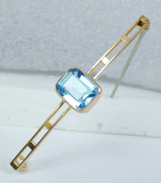 Antique Art Deco Solid 9ct Yellow Gold Aquamarine Blue Paste Twin Bar Brooch Pin