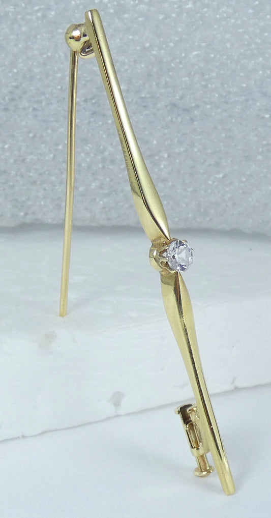 Vintage Solid 8ct Yellow Gold White Sapphire Solitaire 58mm Bar Brooch Pin 333