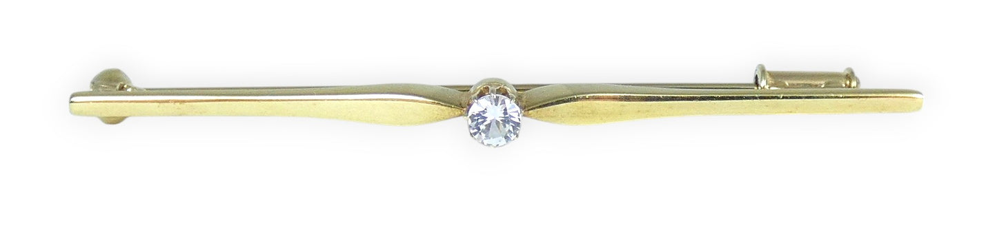 Vintage Solid 8ct Yellow Gold White Sapphire Solitaire 58mm Bar Brooch Pin 333