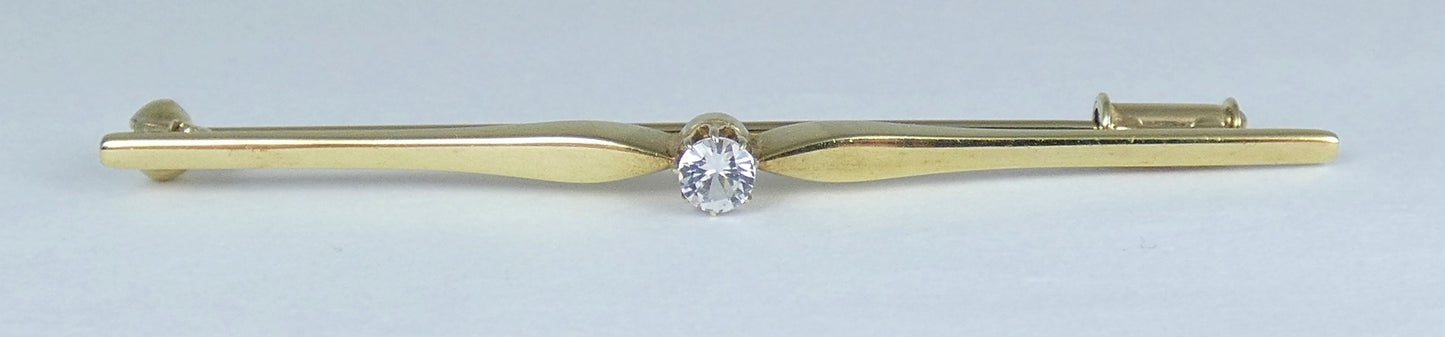 Vintage Solid 8ct Yellow Gold White Sapphire Solitaire 58mm Bar Brooch Pin 333