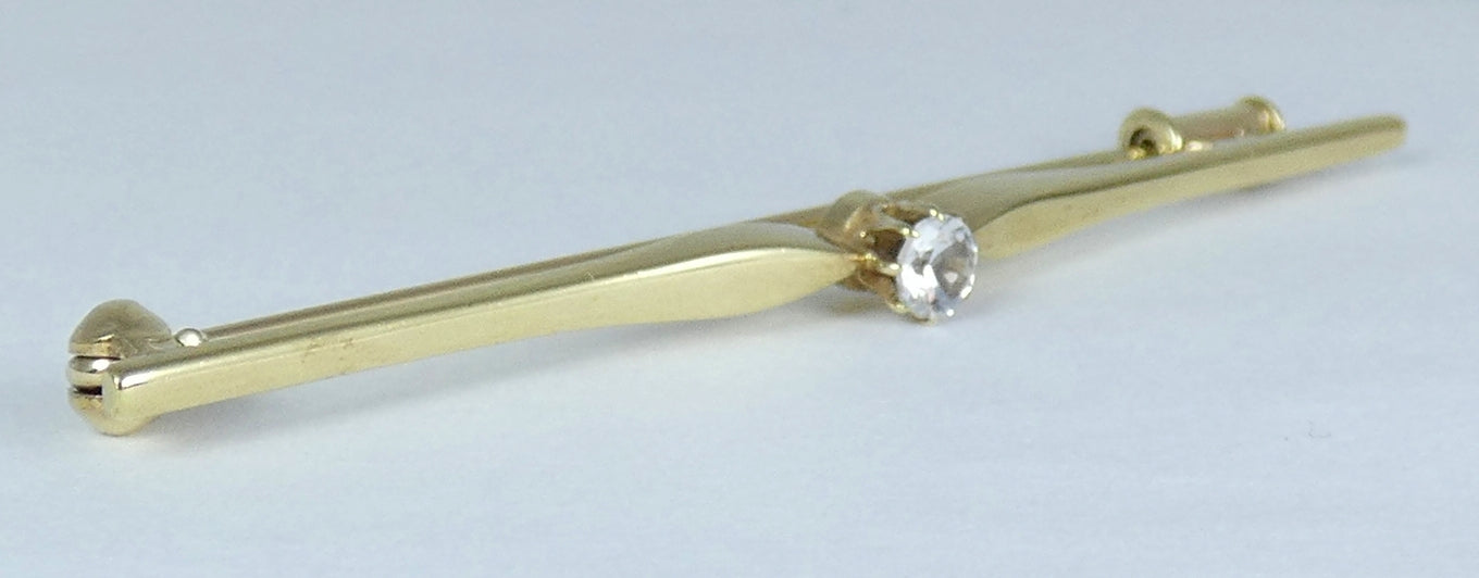 Vintage Solid 8ct Yellow Gold White Sapphire Solitaire 58mm Bar Brooch Pin 333