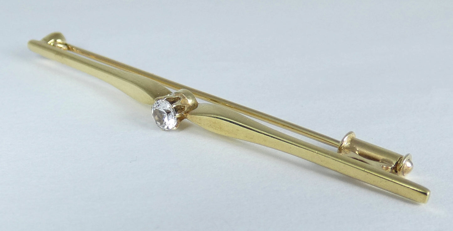 Vintage Solid 8ct Yellow Gold White Sapphire Solitaire 58mm Bar Brooch Pin 333