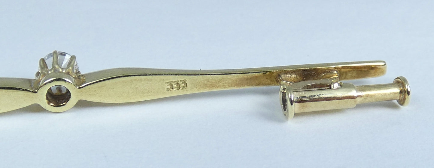 Vintage Solid 8ct Yellow Gold White Sapphire Solitaire 58mm Bar Brooch Pin 333