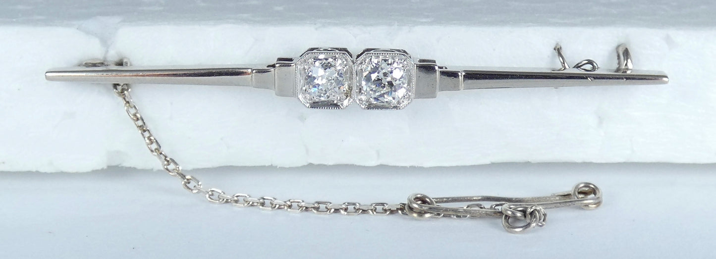 Vintage Solid 18ct White Gold Platinum 0.52ct Diamond Toi Et Moi Bar Brooch Pin