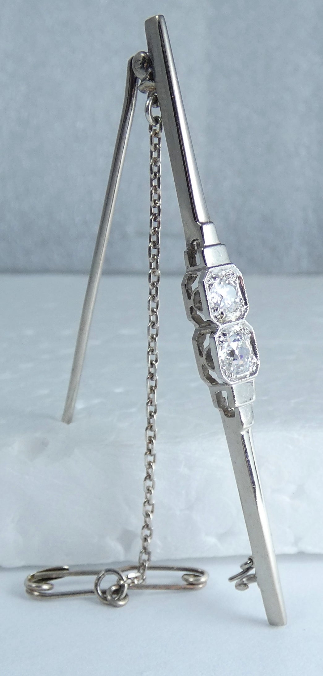 Vintage Solid 18ct White Gold Platinum 0.52ct Diamond Toi Et Moi Bar Brooch Pin