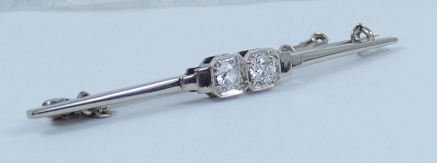 Vintage Solid 18ct White Gold Platinum 0.52ct Diamond Toi Et Moi Bar Brooch Pin