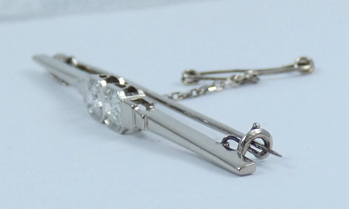 Vintage Solid 18ct White Gold Platinum 0.52ct Diamond Toi Et Moi Bar Brooch Pin