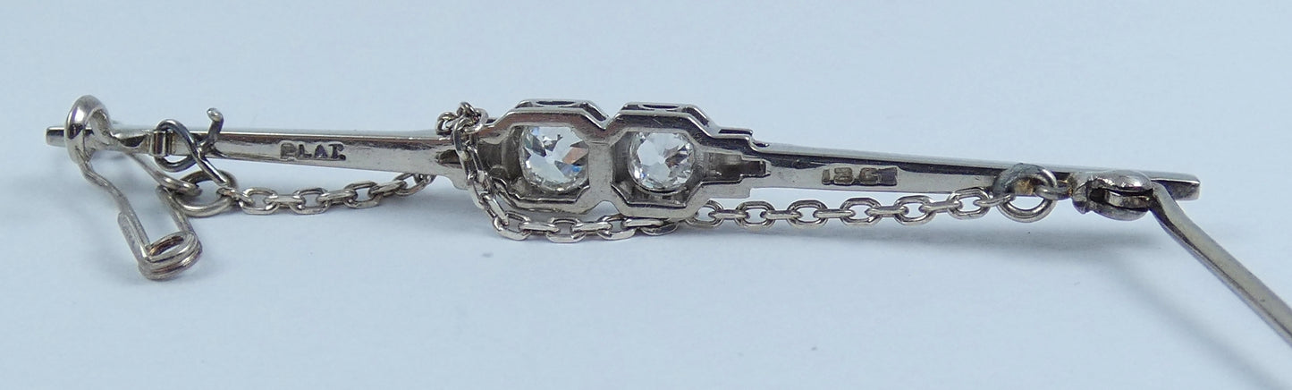 Vintage Solid 18ct White Gold Platinum 0.52ct Diamond Toi Et Moi Bar Brooch Pin
