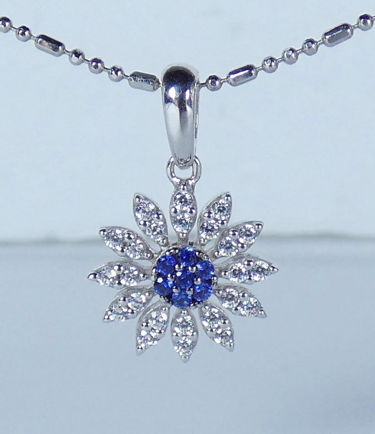 Solid 18ct White Gold Blue Sapphire Cluster Flower Sun Necklace Pendant Charm