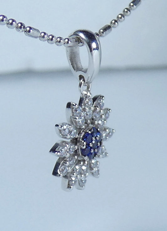 Solid 18ct White Gold Blue Sapphire Cluster Flower Sun Necklace Pendant Charm