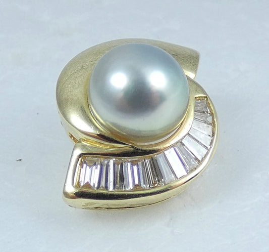 Vintage Solid 14ct Yellow Gold 7mm Pearl & 0.35ct Diamond Tie Cravat Pin Tack