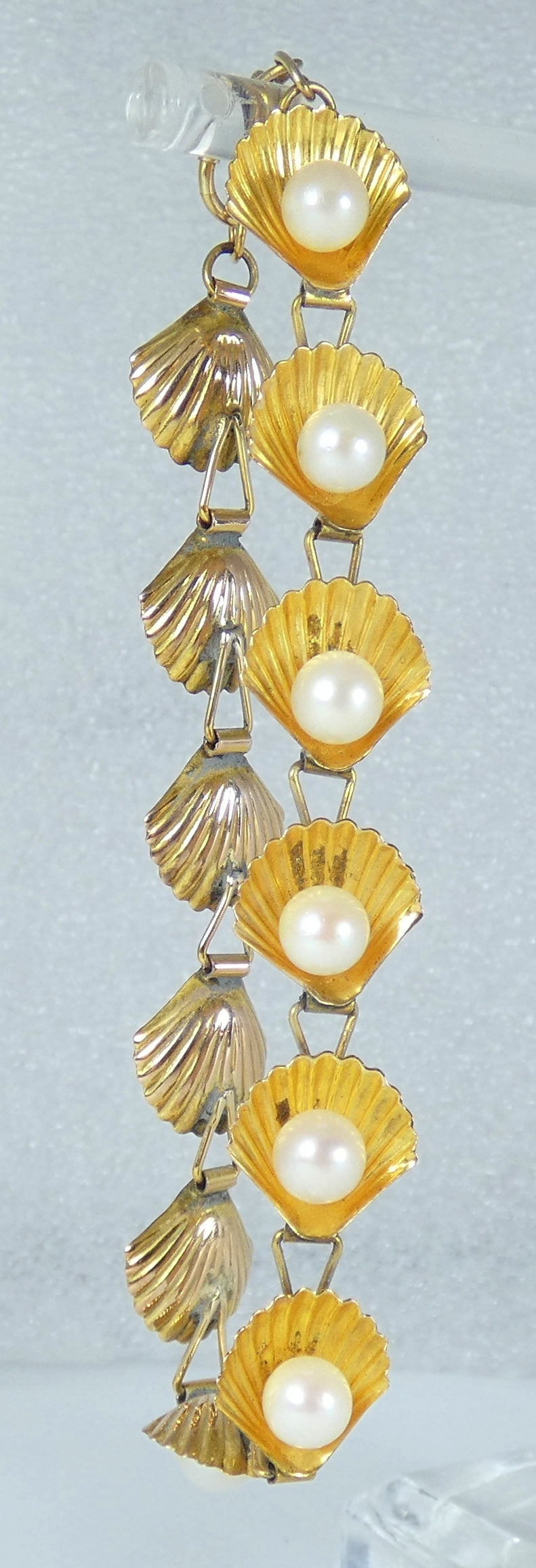 Vintage Solid 10ct Yellow Gold Pearl 12mm Oyster Shell Panel 19cm 7.5" Bracelet